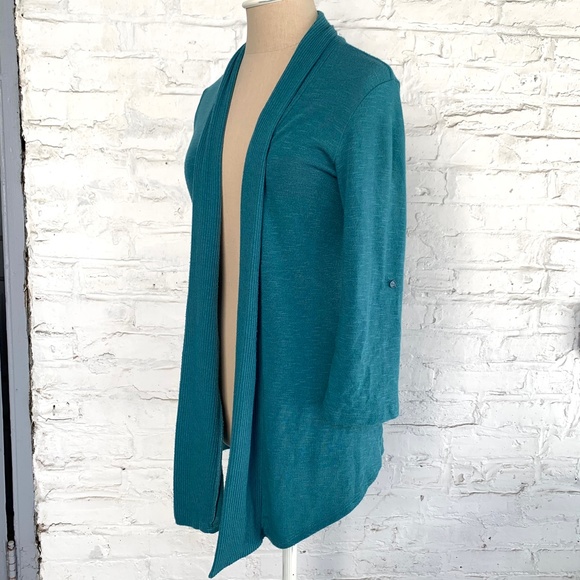 Cardigan sweater open front long blue green knit Small Bobeau - Picture 2 of 9